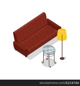Sofa and lamp isometric design. Furniture isometric, interior brown sofa and lamp, room living furniture, house furniture, 3d domestic furniture and detail model vector illustration