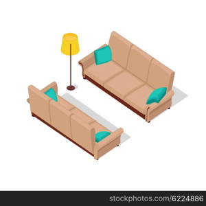 Sofa and lamp isometric design. Furniture isometric, interior sofa and lamp, room living furniture, house 3d domestic furniture and detail model vector illustration