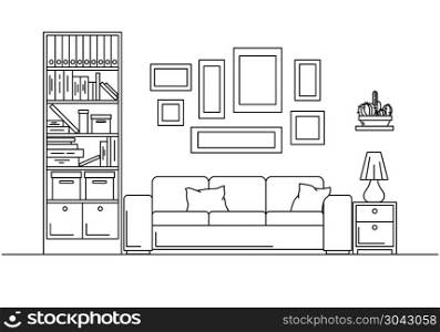 Sofa, bookcase, table with lamp. Linear sketch of the interior in a modern style. Sofa, bookcase, table with lamp. Linear sketch of the interior in a modern style.