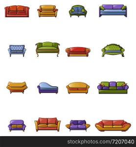 Sofa chair room couch icons set. Cartoon illustration of 16 sofa chair room couch icons for web. Sofa chair room couch icons set, cartoon style