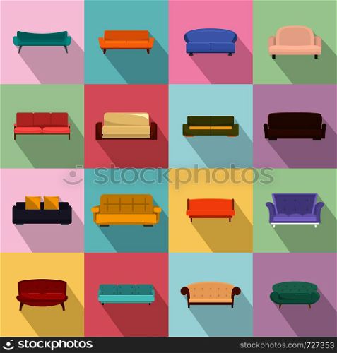 Sofa chair room couch icons set. Flat illustration of 16 sofa chair room couch vector icons for web. Sofa chair room couch icons set, flat style