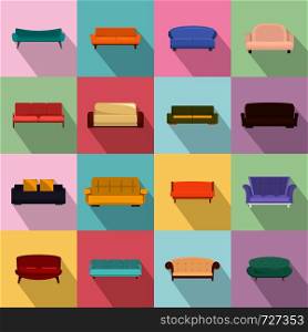 Sofa chair room couch icons set. Flat illustration of 16 sofa chair room couch vector icons for web. Sofa chair room couch icons set, flat style