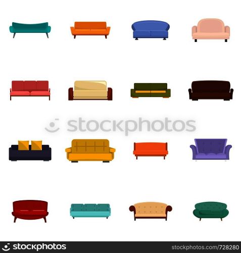 Sofa chair room couch icons set. Flat illustration of 16 sofa chair room couch vector icons isolated on white. Sofa chair room couch icons set vector isolated