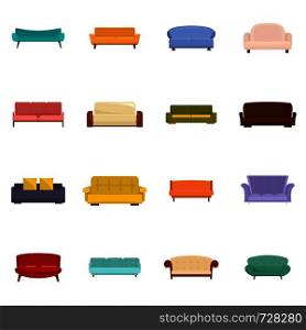 Sofa chair room couch icons set. Flat illustration of 16 sofa chair room couch vector icons isolated on white. Sofa chair room couch icons set vector isolated