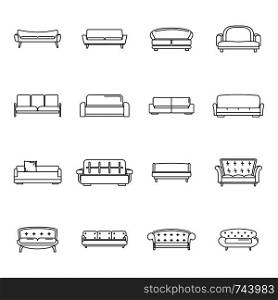 Sofa chair room couch icons set. Outline illustration of 16 sofa chair room couch vector icons for web. Sofa chair room couch icons set, outline style