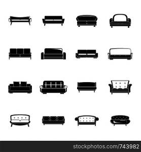 Sofa chair room couch icons set. Simple illustration of 16 sofa chair room couch vector icons for web. Sofa chair room couch icons set, simple style