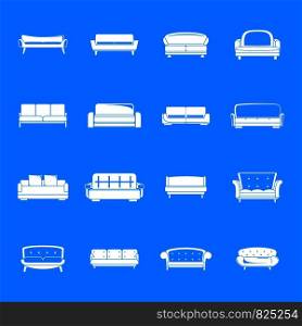 Sofa chair room couch icons set. Simple illustration of 16 sofa chair room couch vector icons for web. Sofa chair room couch icons set, simple style