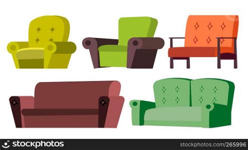 Sofa, Chair Set Vector. Home Furniture. Living Room. Isolated Flat Cartoon Illustration. Sofa, Chair Set Vector. Home Furniture. Living Room. Isolated Cartoon Illustration