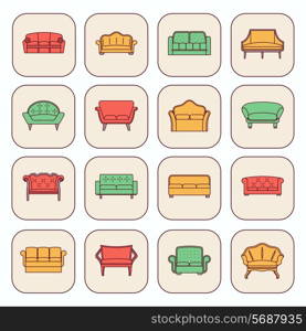 Sofa comfortable couches modern and vintage furniture icons set isolated vector illustration