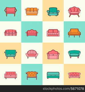 Sofa couches modern furniture interior collection icons flat line set isolated vector illustration