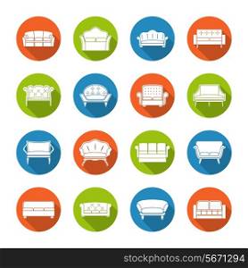 Sofa couches modern furniture room decoration icons flat set isolated vector illustration