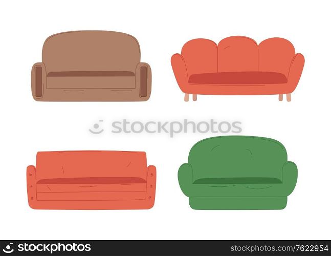 Sofa set decorations, soft seat with arms, colorful furniture isolated on white, empty armchairs in flat design style, indoor objects for sitting vector. Soft Furniture, Colorful Seats, Sofa Set Vector
