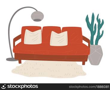 Sofa with cushions, floor lamp and houseplant with lush leaves. Living or sitting room interior design, Furnishing home with furniture and decor. Modern space with couch, vector in flat style. Living or sitting room interior, sofa and lamp
