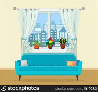Sofa with pillows and window with plants. Living room interior. Vector illustration in flat style. Sofa with pillows and window with plants.