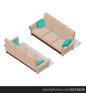 Sofa with pillows on two sides in isometric projection. Comfortable furniture vector illustration for stores ad, icons, infographics, logo, web and games environment design. Isolated on white. Home and Office Furniture in Isometric Projection. Home and Office Furniture in Isometric Projection