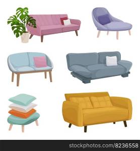 sofas set with couches side view in cartoon style. Couches, chairs and flower pot with monstera leaves. Furniture for interior Isolated on a white 