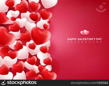 Soft and smooth red and white valentines hearts on pink Background with copy space for greetings card. Realistic 3D vector illustration