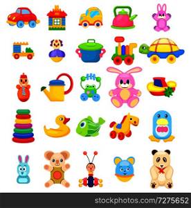 Soft animals, easy constructors, toys on wheels, rubber duck and fish, beetle xylophone, colorful pyramid and girlish cookware vector illustrations.. Toys for Little Children Big Illustrations Set
