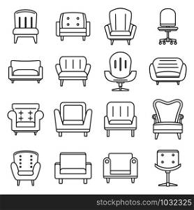 Soft armchair icons set. Outline set of soft armchair vector icons for web design isolated on white background. Soft armchair icons set, outline style