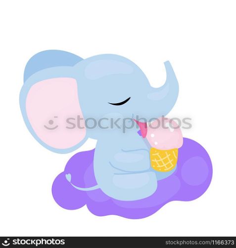 Soft baby boy elephant licking an ice cream. Cartoon vector illustration.