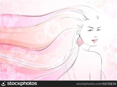 Soft bloom background with young girl and long wavy hairs vector illustration