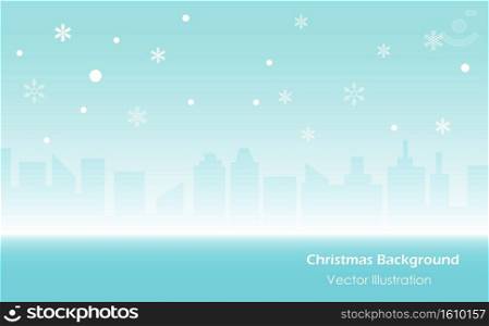 Soft blue sky background with falling sknowflakes and city buildings in winter. Idea for Christmas banner template, brochure, website and landing pages.