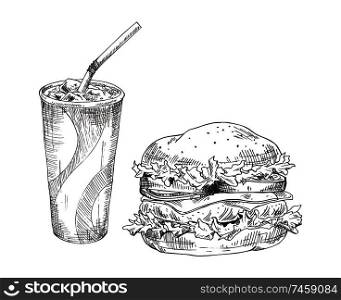 Soft drink and burger fast food vector poster, isolated on white background illustration of cold soda with straw and ice, fresh hamburger with meat. Soft Drink and Burger Fast Food Vector Poster
