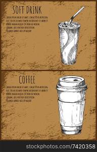 Soft drink and coffee cup monochrome sketches posters. Fast food drinks, cocktail with straw and hot beverage vector illustration portable espresso and mocha. Soft Drink and Coffee Cup Monochrome Sketches