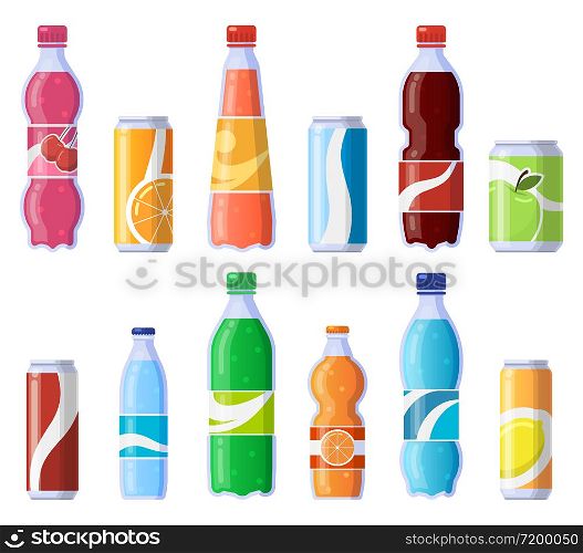 Soft drink cans and bottles. Soda bottled drinks, soft fizzy canned drinks, soda and juice beverages isolated vector illustration icons set. Beverage fizzy juice, soda in plastic and tin. Soft drink cans and bottles. Soda bottled drinks, soft fizzy canned drinks, soda and juice beverages isolated vector illustration icons set