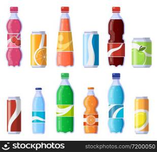 Soft drink cans and bottles. Soda bottled drinks, soft fizzy canned drinks, soda and juice beverages isolated vector illustration icons set. Beverage fizzy juice, soda in plastic and tin. Soft drink cans and bottles. Soda bottled drinks, soft fizzy canned drinks, soda and juice beverages isolated vector illustration icons set