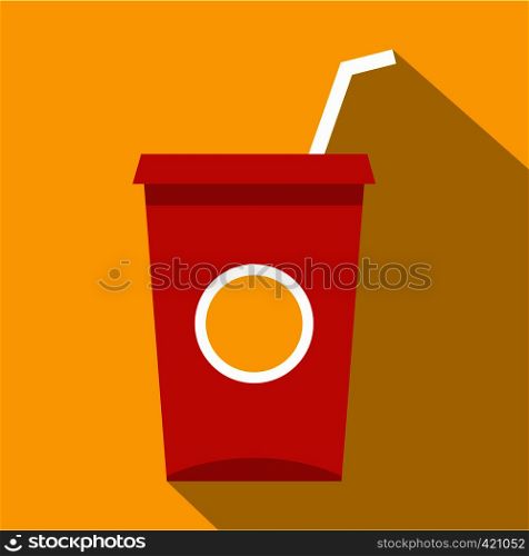 Soft drink in a red paper cup with lid and straw icon. Flat illustration of soft drink in a red paper cup with lid and straw vector icon for web isolated on yellow background. Soft drink in a red paper cup icon, flat style