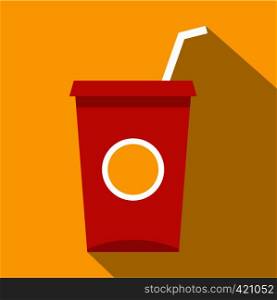 Soft drink in a red paper cup with lid and straw icon. Flat illustration of soft drink in a red paper cup with lid and straw vector icon for web isolated on yellow background. Soft drink in a red paper cup icon, flat style
