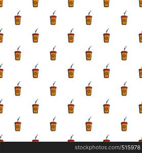 Soft drink in a yellow paper cup pattern seamless repeat in cartoon style vector illustration. Soft drink in a yellow paper cup pattern