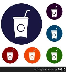 Soft drink in paper cup icons set in flat circle red, blue and green color for web. Soft drink in paper cup icons set