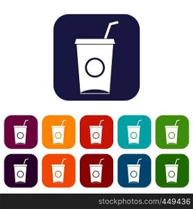 Soft drink in paper cup icons set vector illustration in flat style In colors red, blue, green and other. Soft drink in paper cup icons set flat