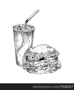 Soft drink in plastic cup with straw hamburger monochrome sketches outline. Set of fast food take away meals, burger cool beverage vector illustration. Soft Drink in Cup Hamburger Vector Illustration
