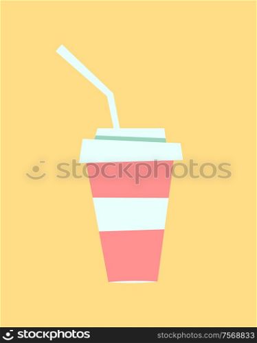 Soft drink, sweet beverage in plastic mug vector, isolated icon of soda served in cafe bistro. Fresh cocktail with straw serving in summer, paper cup. Soft Drink, Sweet Beverage in Plastic Mug Icon