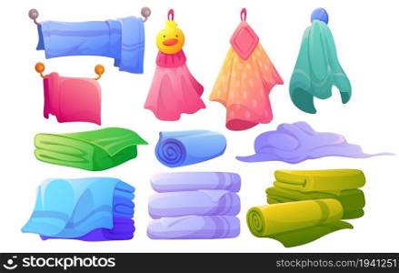 Soft fabric towels hanging on dryer, lying, folded in stack and rolled. Vector cartoon set of cloth towels and textile napkin for hands, body, spa and bathroom isolated on white background. Soft fabric towels hanging, lying, folded in stack