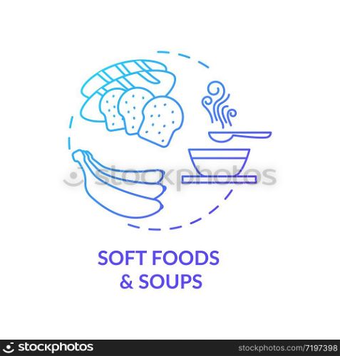 Soft foods and soups blue concept icon. Eating after medical procedure. Doctor recommendation for dish. Healthy diet idea thin line illustration. Vector isolated outline RGB color drawing
