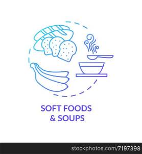 Soft foods and soups blue concept icon. Eating after medical procedure. Doctor recommendation for dish. Healthy diet idea thin line illustration. Vector isolated outline RGB color drawing