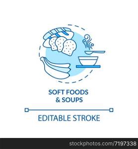 Soft foods and soups turquoise concept icon. Eating after medical procedure. Doctor recommendation. Healthy diet idea thin line illustration. Vector isolated outline RGB color drawing. Editable stroke