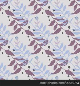 Soft forest foliage ornament seamless pattern. Blue and purple color botanic branches on light background. Designed for wallpaper, textile, wrapping paper, fabric print. Vector illustration.. Soft forest foliage ornament seamless pattern. Blue and purple color botanic branches on light background.