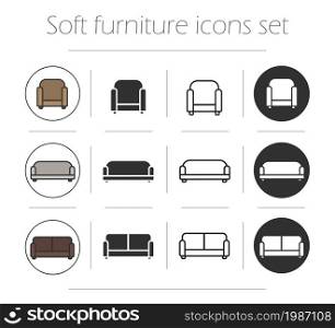 Soft furnishing icons set. Chair, sofa, couch. Color, silhouette and line drawing. Home upholstered furniture symbols isolated on white. Soft furnishing icons set