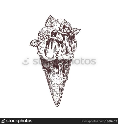 Soft Ice cream in waffle cone decorated with caramel, mint leaves and raspberry, hand drawn vintage illustration, sketch style. Vector