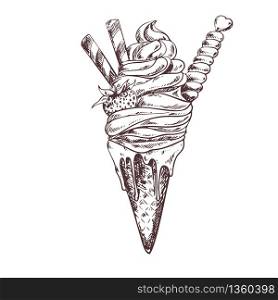 Soft Ice cream in waffle cone decorated with waffle tubes, hand drawn vintage vector illustration, sketch style.