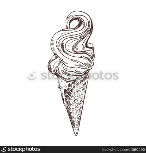 Soft Ice cream in waffle cone, hand drawn vintage vector illustration, sketch style.