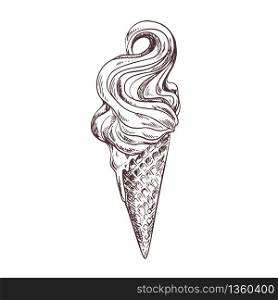 Soft Ice cream in waffle cone, hand drawn vintage vector illustration, sketch style.
