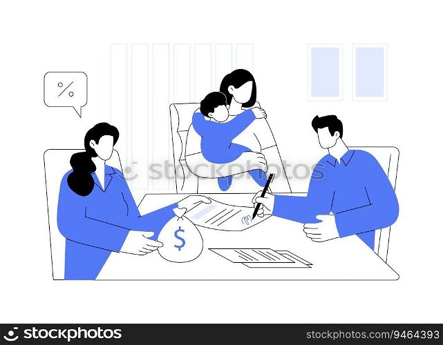 Soft loan abstract concept vector illustration. Couple signing documents for soft loan, bureaucracy sector, social security, financial aid, family benefits, concessional funding abstract metaphor.. Soft loan abstract concept vector illustration.