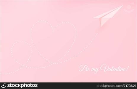 Soft paper plane with heart flying on pink background. Love, tenderness symbol. Greeting card template for Valentine's Day.