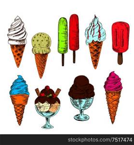 Soft serve ice cream cones with vanilla, and strawberry, mint and pistachio flavors, berry and kiwi fruit popsicles and chocolate sundae desserts sketch icons topped with berries and nuts, fruity and chocolate syrups. Sketched ice cream cones, popsicles and sundae